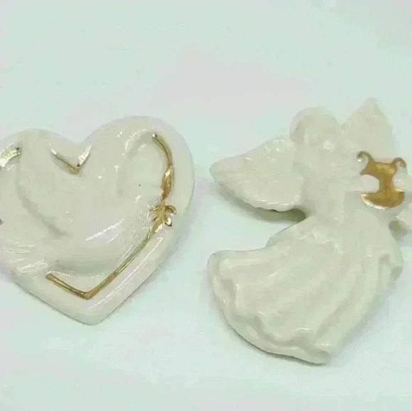 Lenox Jewelry - 2 LENOX Signed Angel Vintage Brooch Pins Porcelain Gold Trim + Dove Broo…